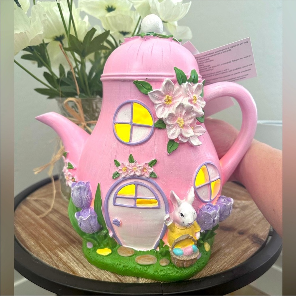 Easter Gingerbread House Pink Teapot with Floral & Bunny LED LightUp House